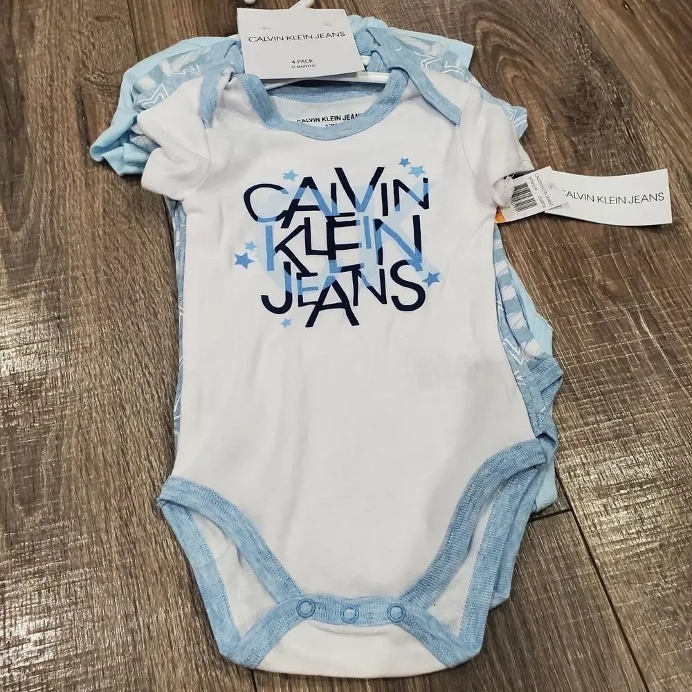 NEW Baby Calvin Klein Jeans One Pieces Size 12M Blue and White Onesie Set 4 Pcs